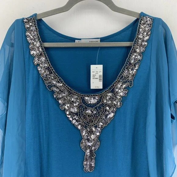 Maurice's Womens 2 Tunic Top Sequins Beaded Flutter Sleeve Fairy Whimsy Ruched - Picture 2 of 6